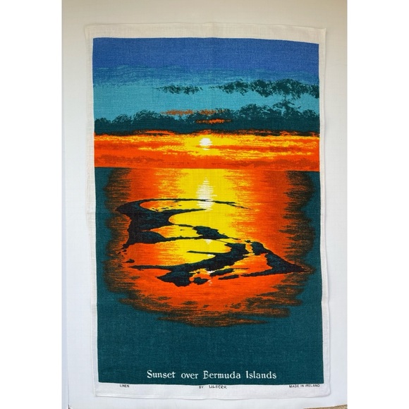 Vintage Ulster Linen Tea Towel Tapestry Wall Hanging Sunset Over Bermuda Islands - Picture 2 of 3